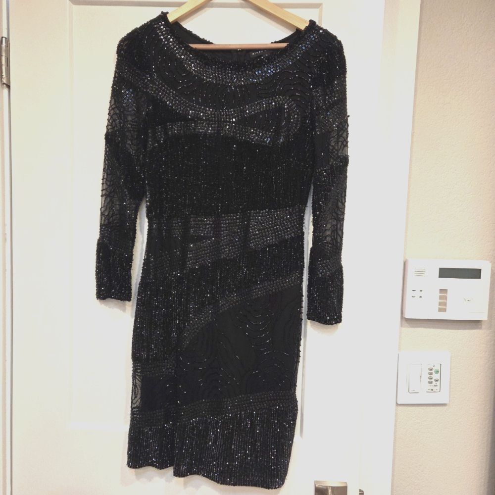 Aidan Mattox Black Sequin Beaded Sheath Evening Cocktail Long Sleeve Dress 6